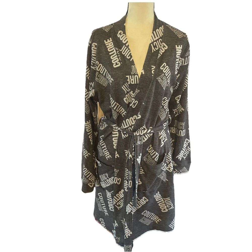 Juicy Couture Logo Robe Grey Plush Fleece Sleepwear S/M Y2K Aesthetic Coquette